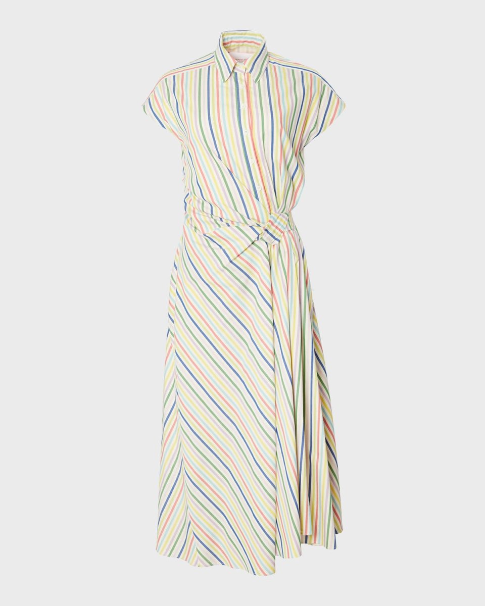 Striped Twisted-Knot Cap-Sleeve Midi Shirtdress